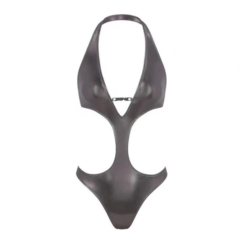 Skims Metallic Swim Halter Monokini One Piece Swimsuit Carbon Y2K Kim Kardashian